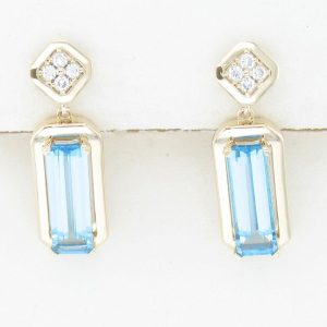 14K YELLOW GOLD DIAMOND BLUE TOPAZ EARRINGS