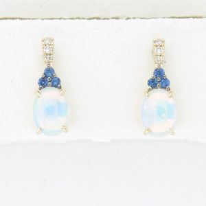 14K YELLOW GOLD DIAMOND SAPPHIRE, OPAL EARRINGS