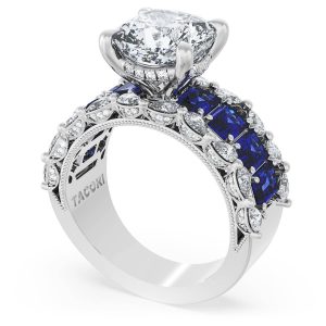 Cushion Solitaire Engagement Ring w/ Emerald & Pear Band