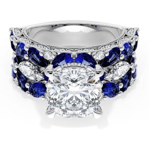 Cushion Solitaire Engagement Ring w/ Marquise & Pear Band