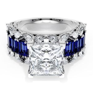 Princess Solitaire Engagement Ring w/ Emerald & Pear Band
