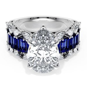 Pear Solitaire Engagement Ring w/ Emerald & Pear Band