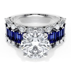 Round Solitaire Engagement Ring w/ Emerald & Pear Band