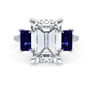 Emerald 3-Stone Engagement Ring in Blue Sapphire