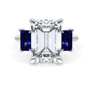 Emerald 3-Stone Engagement Ring in Blue Sapphire